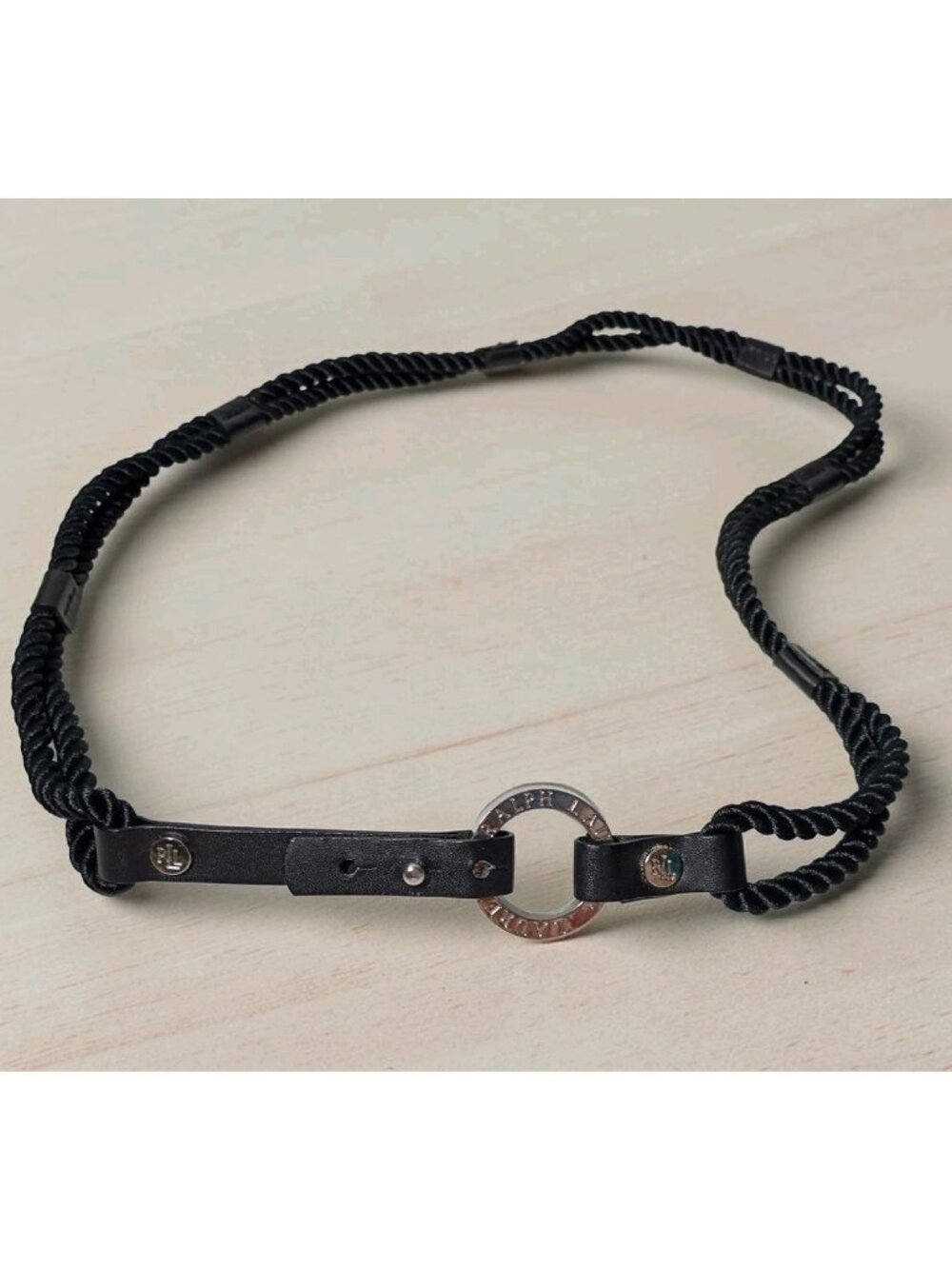 Ralph Lauren Silky Corded Double Rope Belt XL Silver O Ring Logo Medallion Lux